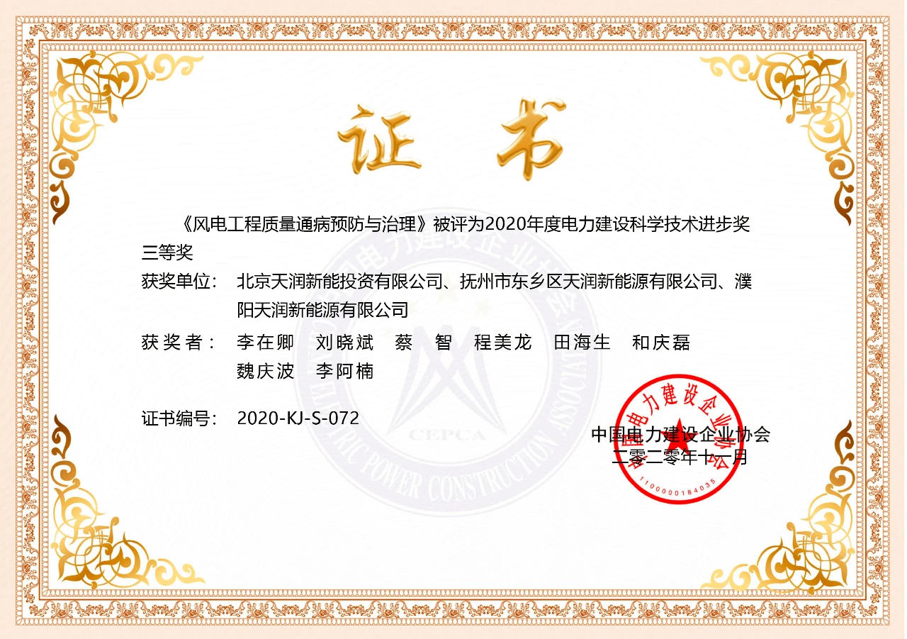 2020年度电力建设科学手艺前进三等奖